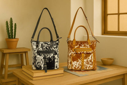 Myra Bag Mesa Maverick Leather Hairon Bag Brown and White