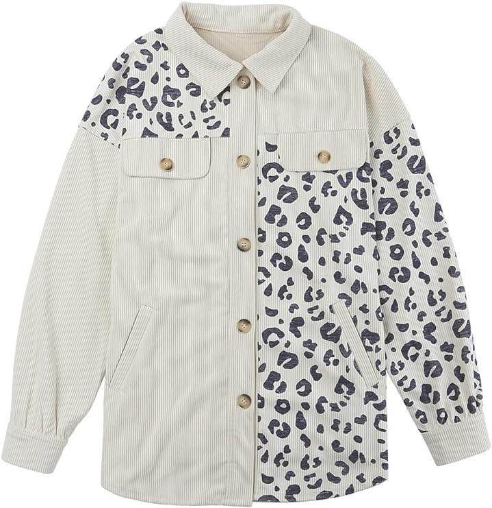Cream Leopard Print Detail Pocketed Corduroy Jacket Shacket Shirt - Graced By The South