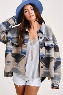 Western Aztec Flap Pocket Shacket Jacket Blue Gray