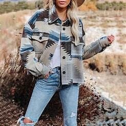 Western Aztec Flap Pocket Shacket Jacket Blue Gray