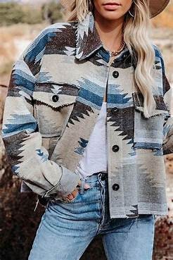 Western Aztec Flap Pocket Shacket Jacket Blue Gray