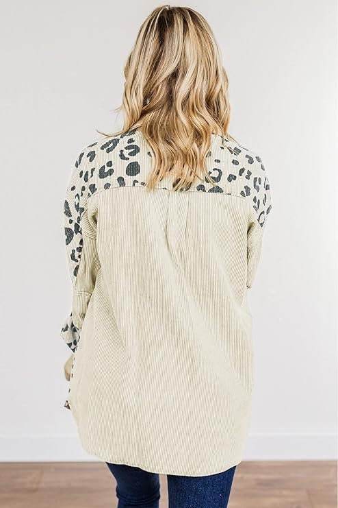 Cream Leopard Print Detail Pocketed Corduroy Jacket Shacket Shirt - Graced By The South