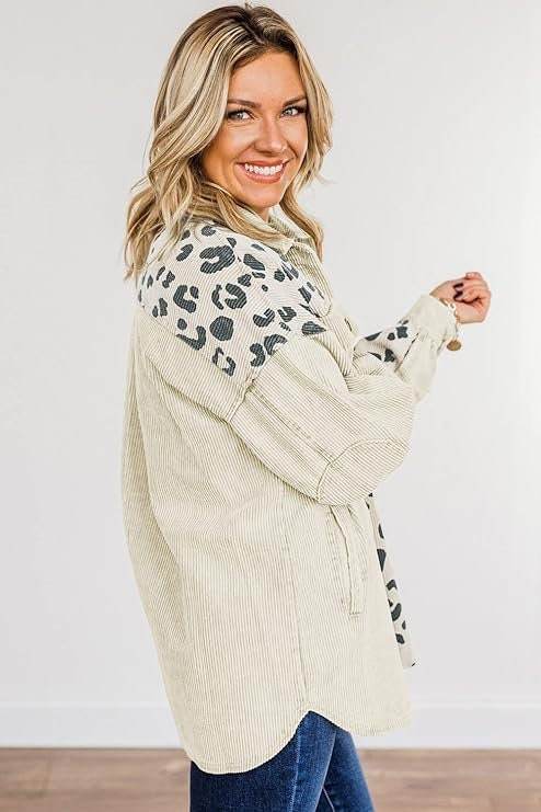 Cream Leopard Print Detail Pocketed Corduroy Jacket Shacket Shirt - Graced By The South