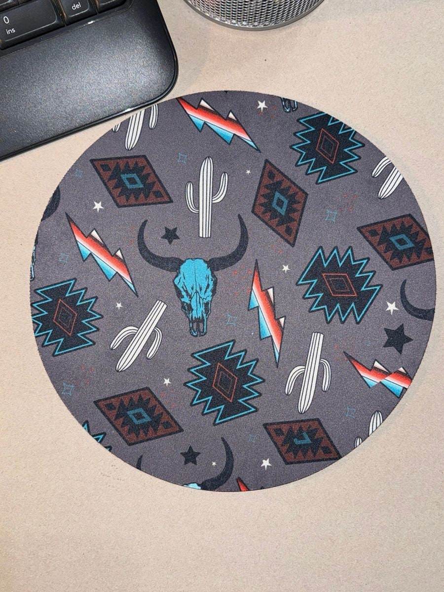 Round Aztec steer Skull Mousepad - Graced By The South