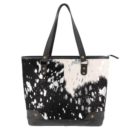 Sixtease Black/Silver Cowhide Leather Hairon Tote Bag Purse