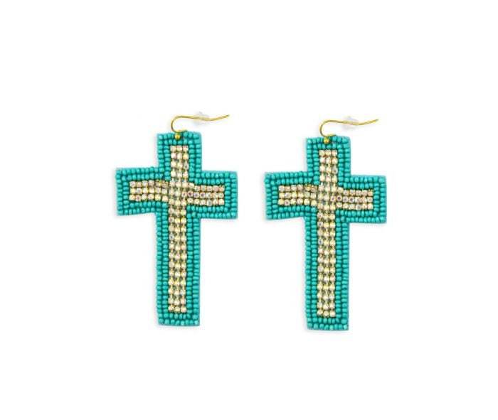 Beaded Cross Dangle Earrings in Teal by Myra Bag - Graced By The South