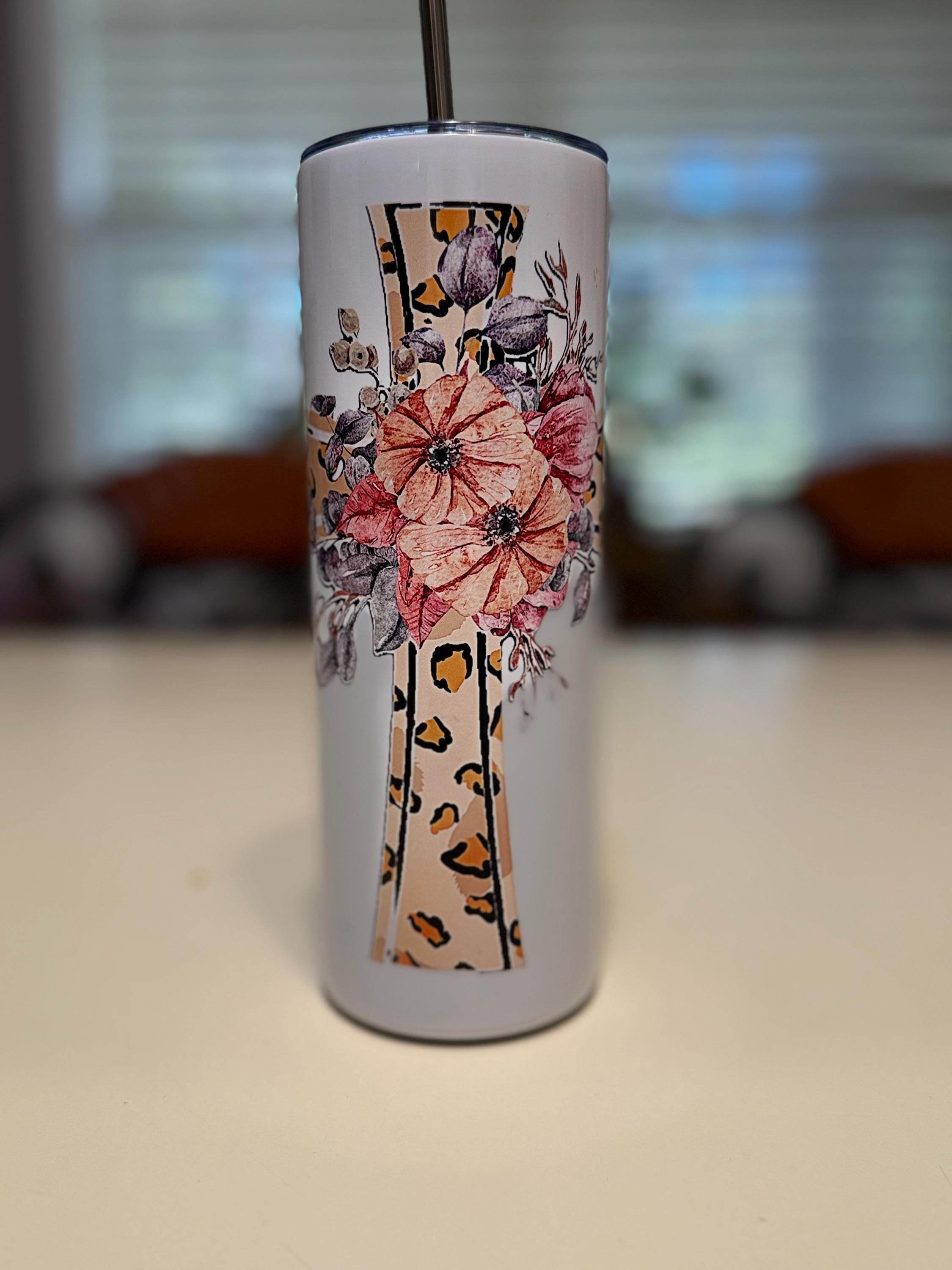20oz Tall Skinny Double Walled Insulated Tumbler with Metal Straw and Cleaner Tool Cross Leopard - Graced By The South