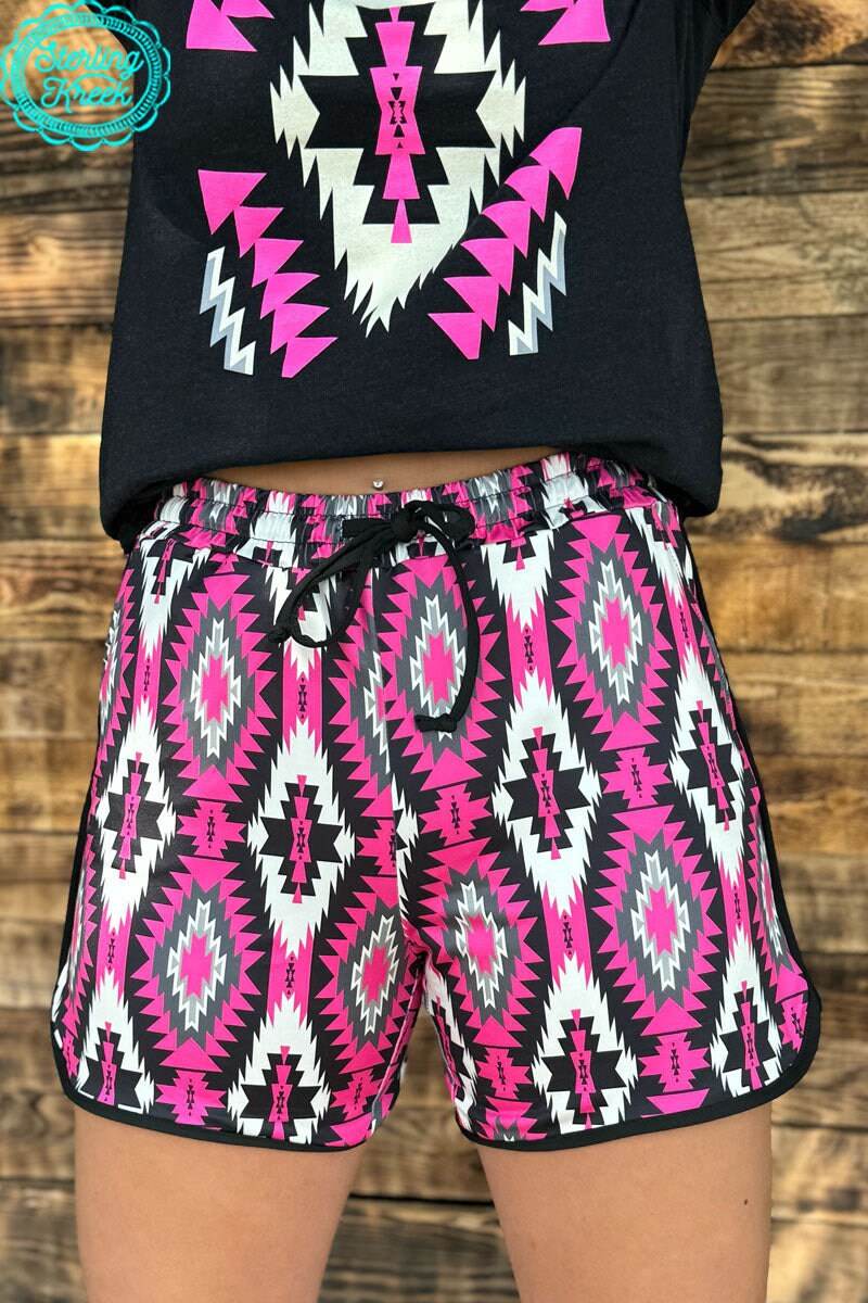 Road To You Shorts by Sterling Kreek Aztec Southwestern Pink Black Gray - Graced By The South