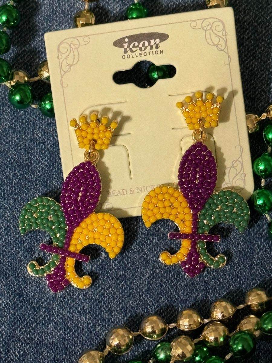 Beaded Mardi Gras Dangle Earrings - Graced By The South