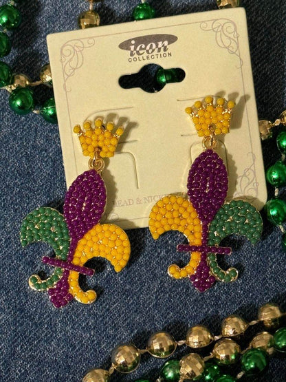 Beaded Mardi Gras Dangle Earrings - Graced By The South