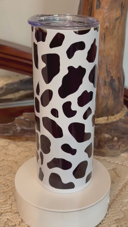 Cow Print black and White tumbler 20 oz Dpuble Walled Cleaning brush and Straw and gift box.